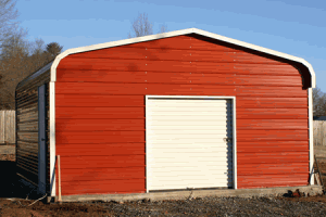 Metal Building Standard Garage Steel Garage Red with Roll up Door in Front.